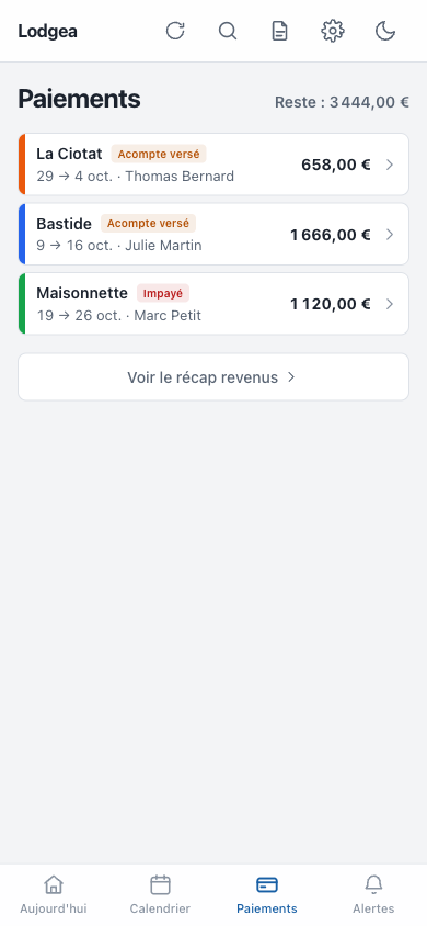 Écran Paiements de Lodgea : soldes restant à encaisser